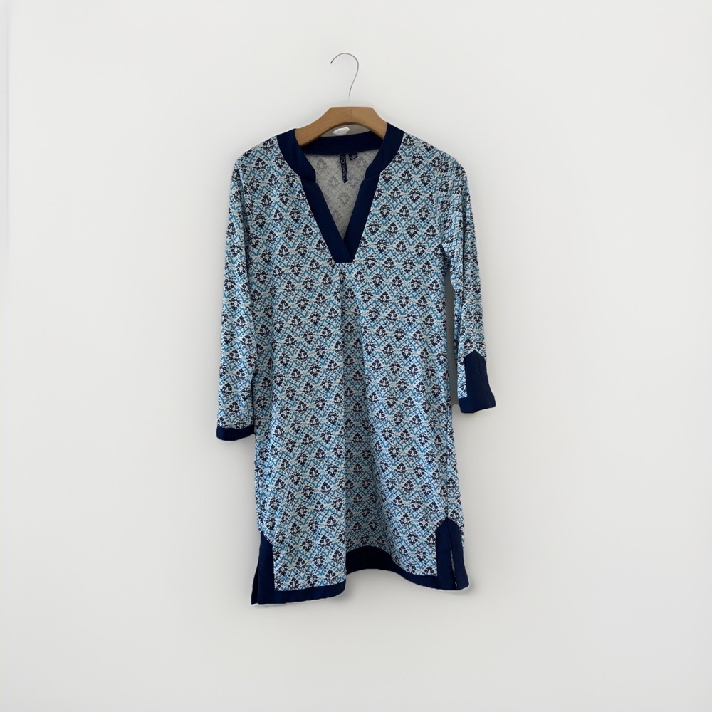 Aqua et Sol Womens Blue Damask Tunic Dress V-Neck 3/4 Sleeve Size S Small